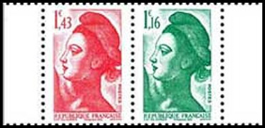 Paire Horizontale timbres Liberté de Gandon 2022 - petit format 1.43€ et 1.16€ multicolore provenant du carnet