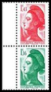 Paire Verticale timbres Liberté de Gandon 2022 - petit format 1.43€ et 1.16€ multicolore provenant du carnet