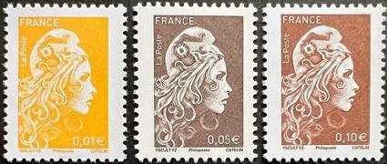 Série Marianne l'engagée 2022 - 0,01€, 0,05€ et 0,10€ avec a de Philaposte - 3 timbres
