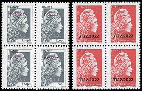 Lot Bloc de 4 timbres Marianne l'engagée 2022 - Lettre Prioritaire et Ecopli surchargée 31/12/2022
