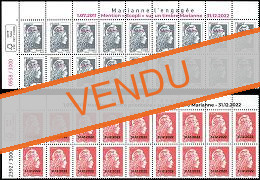 Lot Haut de Feuille Numérotée de 18 timbres Marianne l'engagée 2022 - Lettre Prioritaire et Ecopli surchargée 31/12/2022