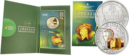 Commémorative 5 euros Italie 2022 FDC colorisée en Coincard - Gastronomie Franciacorta et Panettone