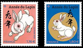 Paire timbres nouvel an chinois année du lapin 2023 - grand format 1.16€ et 1.80€ multicolore provenant de 2 blocs différents