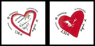 Paire Coeurs Agnès B 2023 tirage autoadhésif - 1.16€ et 2.32€ multicolore provenant de feuille entreprise (support blanc)