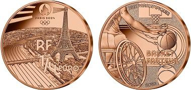 Paris JO 2024 1/4 euro Cuivre France 2023 UNC - Sport Basket Fauteuil