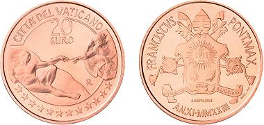Commémorative 20 euro Cuivre Vatican 2023 UNC - La Création d'Adam de Michel-Ange