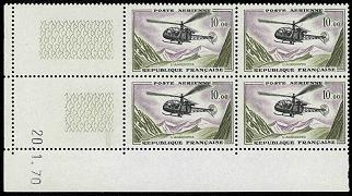 Hélicoptère Alouette - 10.00f violet bloc de 4 timbres en coin de feuille datée 1970