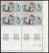 Guillaumet et Codos - 15.00f gris-bleu, carmin et violet-brun bloc de 4 timbres en coin de feuille datée 1973