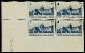 Château de Versailles - 1f75 + 75c bleu bloc de 4 timbres en coin de feuille datée 1938