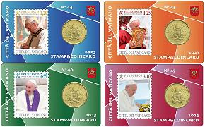 Lot de 4 StampCoincards Vatican 2023 CC série n°44 à n°47 pièces 50 cents Armoiries du pape François et timbres