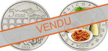 Commémorative 5 euros Italie 2023 FDC colorisée en Coincard - Gastronomie Frascati et Amatriciana
