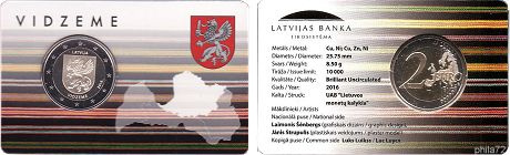 Commémorative 2 euros Lettonie 2016 BU Coincard - région historique de Vidzeme