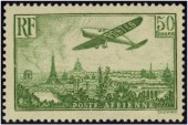 Avion survolant Paris - 30f vert-jaune