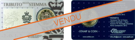 StampCoincard Saint-Marin pièce 1 euro 2012 CC et timbre 0.85 embleme - Série touristique verso fond bleu foncé