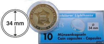 Capsules rondes CAPS pour monnaies ou médailles touristiques de 34 mm - boite de 10