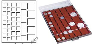 Médaillier numismatique MB tiroir de 45 cases carrées de 24 à 44 mm pour monnaies diverses