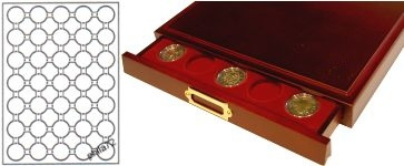 Médaillier numismatique LIGNUM tiroir façon acajou de 35 cases pour monnaies de 25 à 26 mm (2 euros) sous capsules 