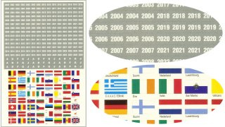 Jeux d’étiquettes euro autocollantes pour feuilles PREMIUM  (drapeaux, pays, années, ateliers)