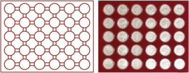 Plateau numismatique NERA de 30 cases pour monnaies de 34 mm (25 euros niobium ou médailles touristiques) sous capsules - à l’unité