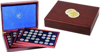 Coffret numismatique VOLTERRA Quatro de luxe façon acajou pour 140 pièces de 2 euros sous capsules