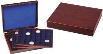 Coffret numismatique VOLTERRA Trio de luxe façon acajou de 90 cases carrées pour monnaies jusqu'à 39 mm