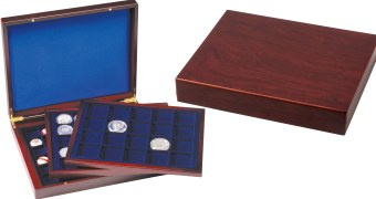 Coffret numismatique VOLTERRA Trio de luxe façon acajou de 98 cases carrées pour monnaies jusqu'à 30, 39 et 48 mm