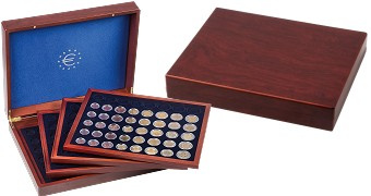 Coffret numismatique VOLTERRA Quatro de luxe façon acajou pour 24 séries euros de 1 cent à 2 euros sous capsules 