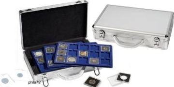 Valisette numismatique CARGO L6 avec 6 plateaux cases carrées pour 90 monnaies sous capsules Quadrum