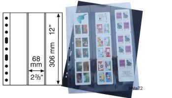 Feuille transparente à 6 bandes verticales (38 x 290 mm) pour timbres  roulettes, avec intercalaire en carton noir
