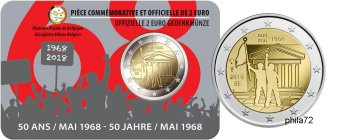 Commémorative 2 euros Belgique 2018 Coincard version Française - 50 ans révolte étudiante Mai 1968