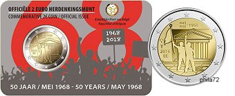 Commémorative 2 euros Belgique 2018 Coincard version Flamande - 50 ans révolte étudiante Mai 1968