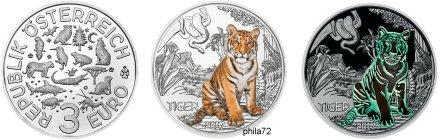  Commémorative 3 euros Autriche 2017 UNC -  Le tigre