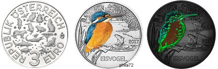 Commémorative 3 euros Autriche 2017 UNC -  Le martin pêcheur 