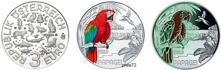 Commémorative 3 euros Autriche 2018 UNC -  Le perroquet