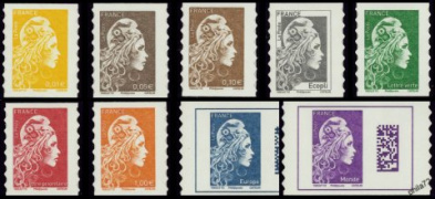 Série Marianne l'engagée tirage autoadhésif 2018 - 9 timbres multicolore provenant de feuilles entreprises (support blanc)