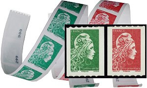Paire roulettes Marianne l'engagée 2018 tirage autoadhésif - TVP vert et rouge  provenant des roulettes de 300 timbres adhésifs avec n° noir au verso