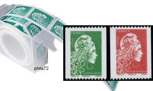 Paire roulettes Marianne l'engagée 2018 tirage gommé - TVP rouge et vert provenant des roulettes de 500 timbres gommés avec n° noir au verso