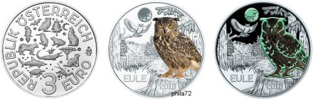Commémorative 3 euros Autriche 2018 UNC -  Le hibou
