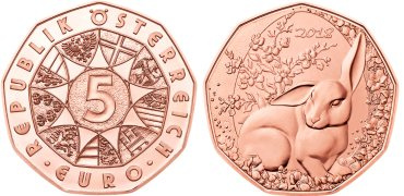 Commémorative 5 euros Cuivre Autriche 2018 UNC - Lapin de Pâques