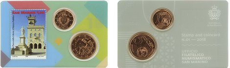 StampCoincard n°1 Saint-Marin pièces 1 et 5 centimes 2018 CC et timbre 1.00€ - verso fond gris