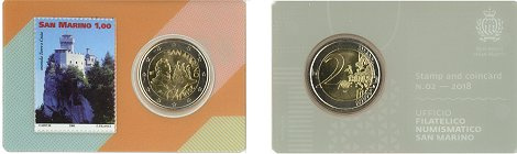 StampCoincard n°2 Saint-Marin pièce 2 euros 2018 CC et timbre 1.00€ - verso fond gris