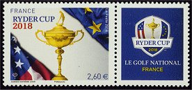 Timbre Ryder Cup 2018 (second tirage fond bleu) - 2.60€ multicolore provenant du bloc
