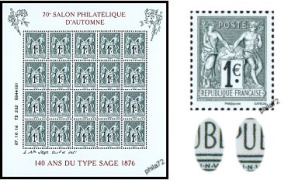Feuillet type Sage 1876 du Salon Philatelique Automne 2016 - bloc de 20 timbres type I et II