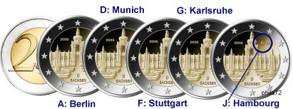 Commémorative 2 euros Allemagne 2016 UNC - Saxe palais Zwinger - 5 ateliers