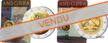 Lot des 2 pièces commémoratives 2 euros Andorre 2015 BU Coincard - Accord douanier et Majorité a 18 ans