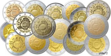 Lot des 17 pièces 2 euros commémoratives communes 2012 UNC - 10 ans de l'Euro