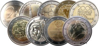 Lot des 8 pièces 2 euros commémoratives 2008 UNC