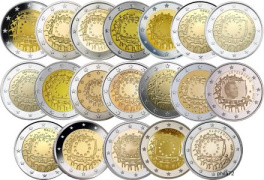 Lot des 19 pièces 2 euros commémoratives communes 2015 UNC - 30 ans du Drapeau Européen