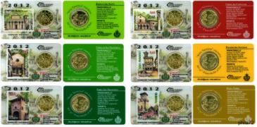 Lot de 6 StampCoincards Saint-Marin 2012 CC pièces 50 cents et timbres 0.65 - Série touristique