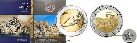 Commémorative 2 euros Malte 2016 BU - Temples de Ggantija avec lettre atelier f (issue du coffret BU Malte 2016)